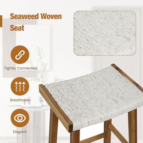 COSTWAY 25.5-inch Seaweed Woven Counter Height Kitchen Bar Stools, Set of 4, Rubber Wood & Acacia Frame