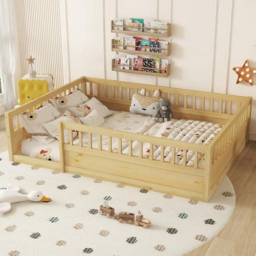 Full Size Montessori Floor Bed with High Fence, Natural Wood for Kids