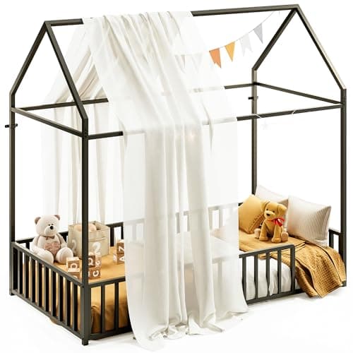 LIKIMIO Twin Metal House Bed with Roof & Fence Guardrails, Black