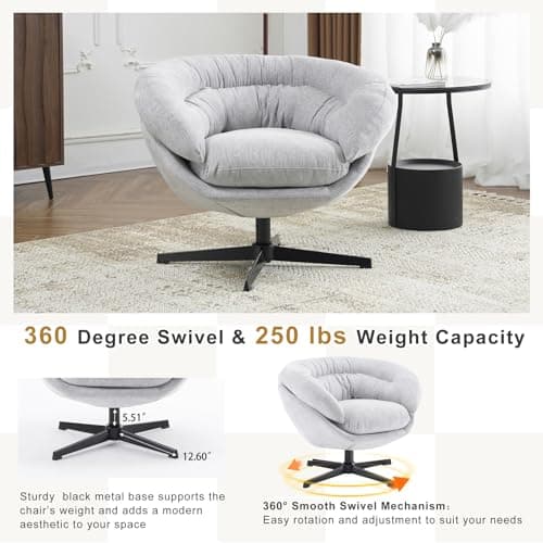 360 Degree Swivel Chenille Upholstered Accent Chair, Gray Metal Base Office Chair
