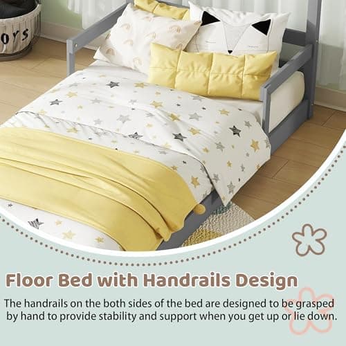 Grey House-Shaped Twin Bed Frame for Kids,No Box Spring Needed
