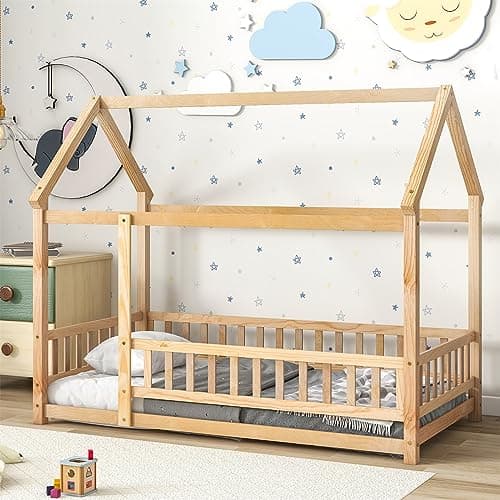 LLS Wooden Twin Bed with Roof & Fence, Gray for Boys & Girls