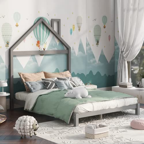 i-POOK Montessori Full Size Solid Wood Platform Bed, Gray