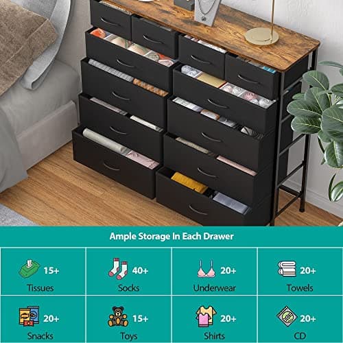 Black Tall Fabric Drawer Dresser with 12 Deep Drawers for Bedroom, Closet, and More