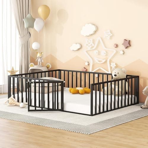 Full Size Metal Fence Bed with Door, Versatile Montessori, No Box Spring Needed, Easy Install, White