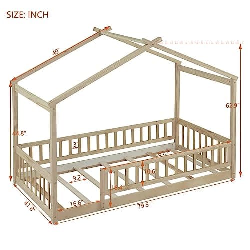 i-POOK Twin Size Montessori Bed Playhouse with Fence and Roof for Kids