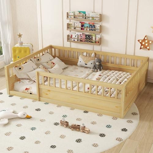 Montessori Full Size Floor Bed with High Rails for Kids Boys Girls Teens