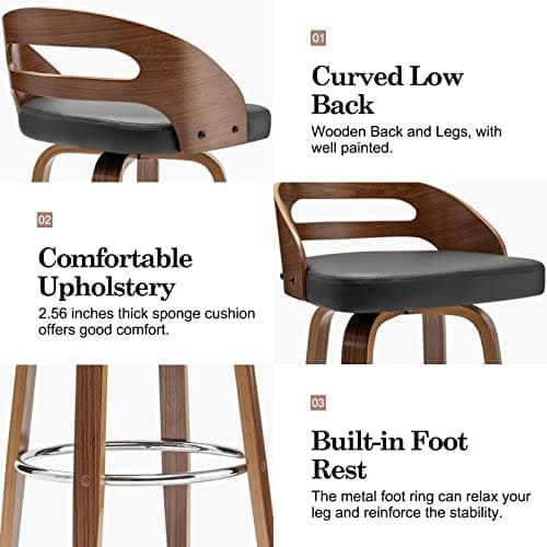Set of 2 Swivel Bar Stools with Low Back and Cushion Seat (Black, 26 Counter Height)