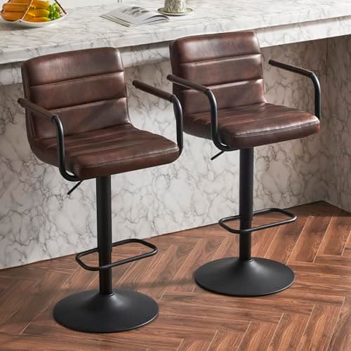 Yellowish Brown PU Leather Bar Stools Set of 2, Adjustable Height Swivel Chairs