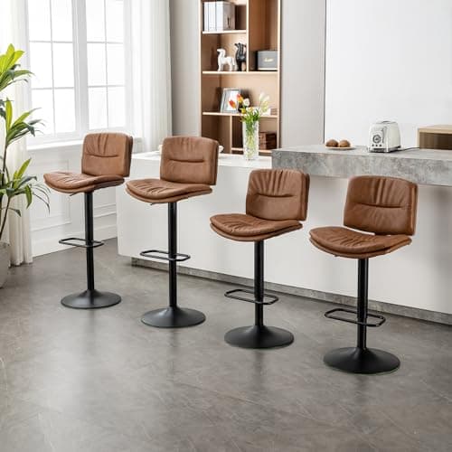 Double-Layer Brown Faux Leather Bar Stools Set of 4 24"-32" Adjustable