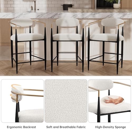 Modern Fort Boucle Counter Height Bar Stools, Set of 4, 26" Metal Legs Backrest