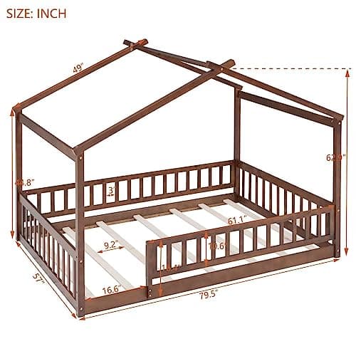 i-POOK Kids Full Size Montessori House Bed with Fence, Roof, Walnut Wood Frame