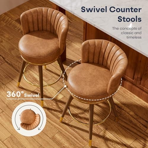 4 Pack Swivel Bar Stools with Back, Brown Kitchen Counter Height Chairs