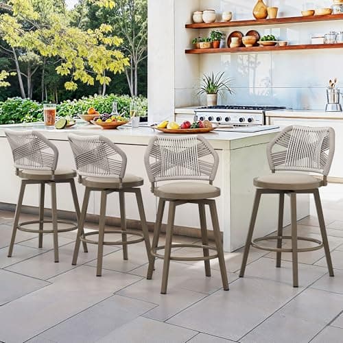 Olefin Rattan 360° Swivel Bar Stools, Set of 4, Boho Patio Kitchen Chairs, Apricot