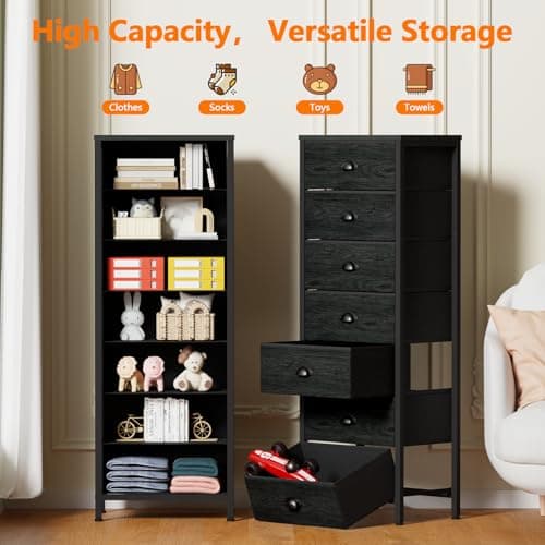 Furnulem Black Tall Dresser with 7 Fabric Bins for Closet Storage