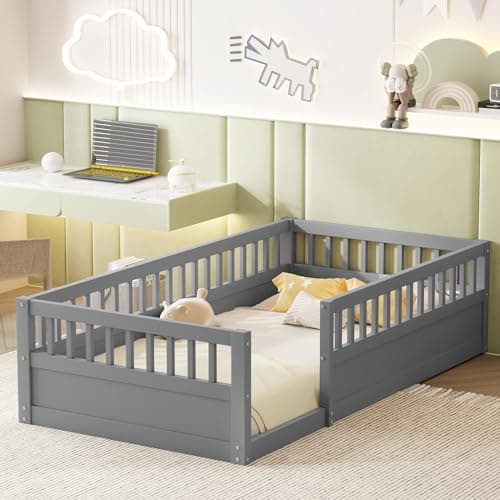 Montessori Wooden Floor Bed for 2 Kids, White Fence RailINGS, Box Spring Needed