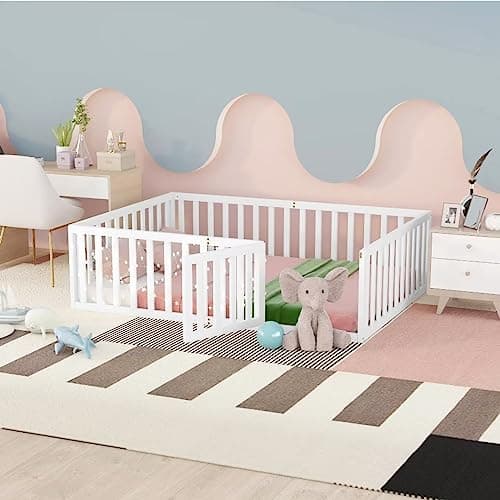 Full Size Montessori Floor Bed with Fence and Door, White Wood Daybed Frame