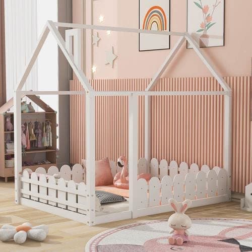 Wooden House Bed for Kids with Full Guardrail, White