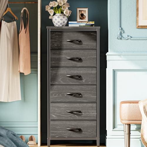 Charcoal Black Wood Grain Print Tall Dresser with 6 Drawers & Metal Frame