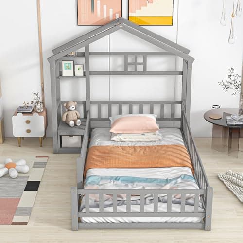 Twin Size Floor Bed with House-Shaped Headboard & Stand, Kids Montessori White