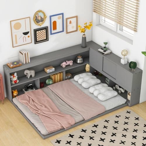 Full Size Daybed with L-Shaped Bookcases and Sliding Doors