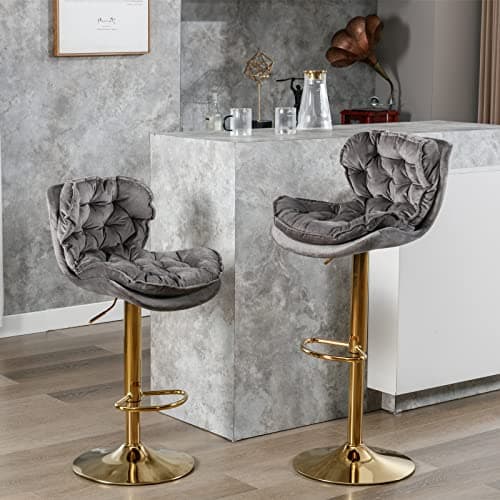 Modern Barstools Set of 2, Adjustable Velvet Swivel Bar Stool, Green