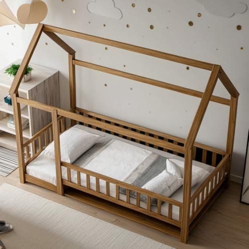 Montessori Twin Size Floor Bed with Roof & Fence Guardrails for Boys Girls Bedroom