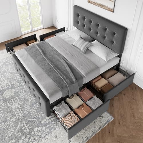 IDEALHOUSE Queen Size Linen Upholstered Bed Frame with 4 Drawers & Headboard, Dark Grey