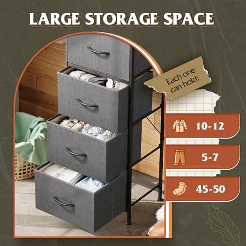 WLIVE 5-Drawer Fabric Dresser with Wood Top - Tall Storage Organizer for Bedroom, Closet, or Hallway in Dark Grey