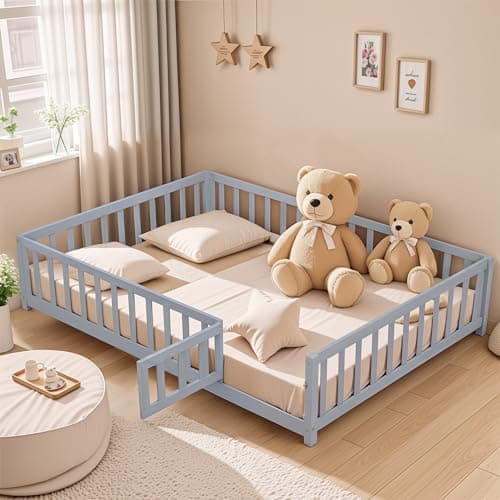 Full Size Metal Fence Bed with Door, Versatile Montessori, No Box Spring Needed, Easy Install, White