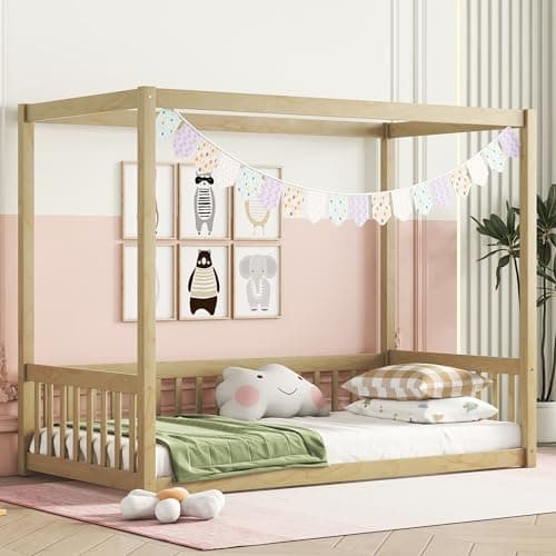 Twin Size Floor Bed Canopy Frame for Kids, Wood Fence, Natural, No Box Spring Needed