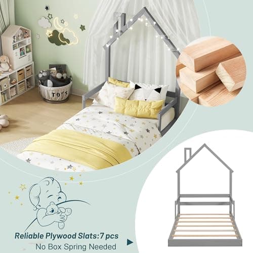 Grey House-Shaped Twin Bed Frame for Kids,No Box Spring Needed