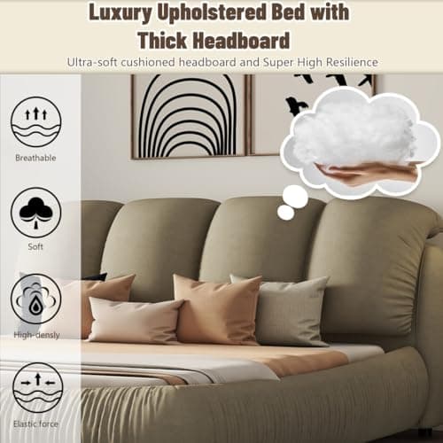 Luxury Upholstered Queen Size Platform Bed, Stone Gray Velvet