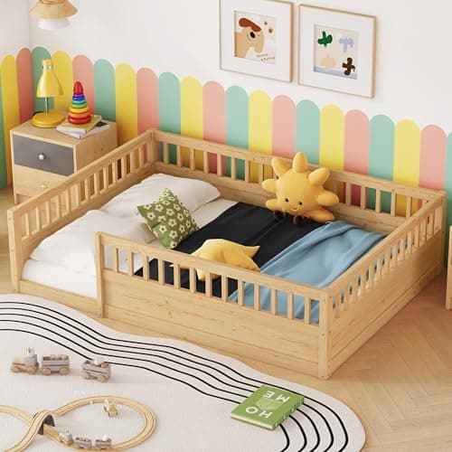 Montessori Full Size Floor Bed with High Rails for Kids, Natural Wood