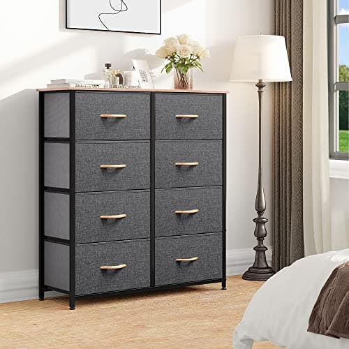 Charcoal Grey Fabric Dresser with 8 Drawers & Sturdy Steel Frame