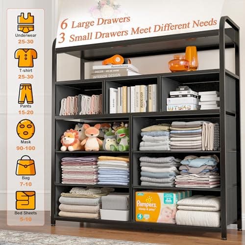 EnHomee Sturdy Metal Tall Dresser with 9 Drawers & 2 Shelves, Black Grey