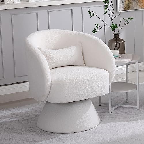 KIVENJAJA Sherpa Teddy 360° Swivel Armchair, White Pillowed Boucle Living Room Chair