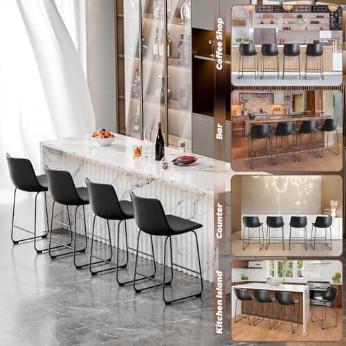 Black Modern 26 Inch Counter Height Bar Stool Set with Faux Leather and Footrest