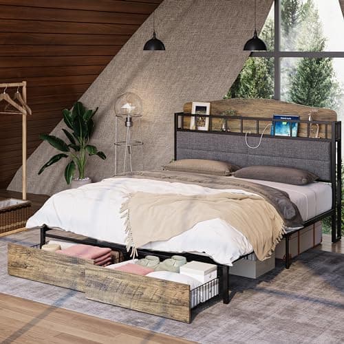 Multifunctional Queen Bed Frame with Guardrail, Bedside Caddy, and Charging Station