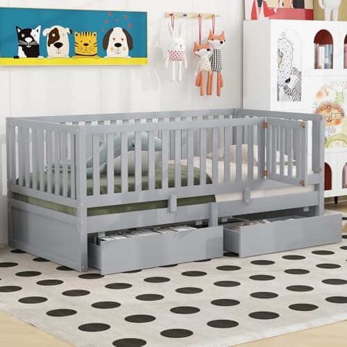 i-POOK Full Size White Wooden Daybed with Drawers & Fence Guardrails