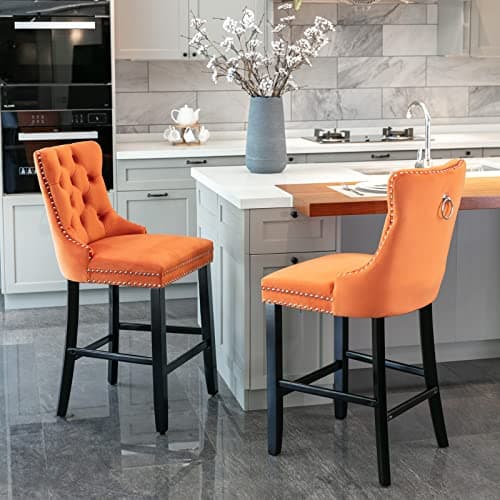 Velvet Bar Stools Set of 2, Beige, Counter Height