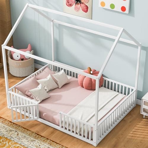 Merax Full Size Montessori Metal House Bed with Roof, White