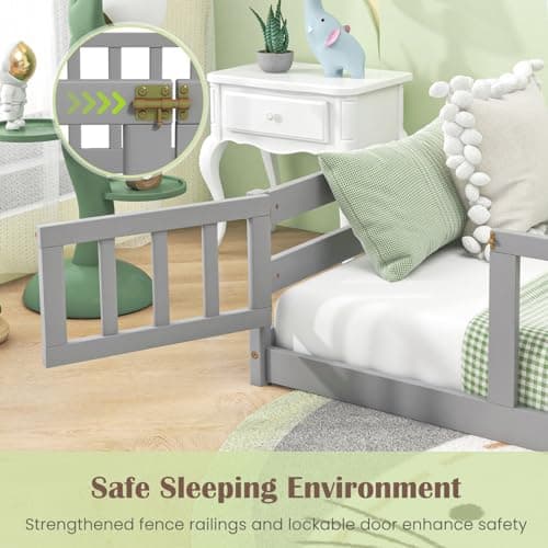 Giantex Safety Floor Bed Twin with Door & Fence (Grey)