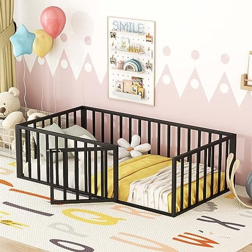 Black Metal Queen Bed Frame with Fence and Door, KP4T656