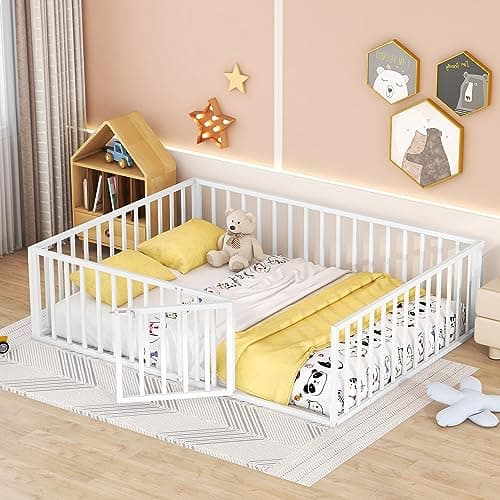 Queen Size Metal Floor Bed Frame with Fence & Door, White, No Box Spring Needed