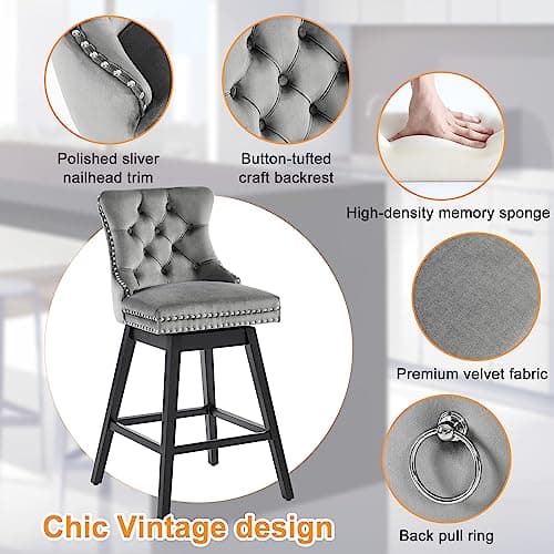 Premium Velvet Upholstered 360 Swivel Bar Stools, Counter Height, Grey, Solid Wood Legs, 30" Seat (Set of 4)
