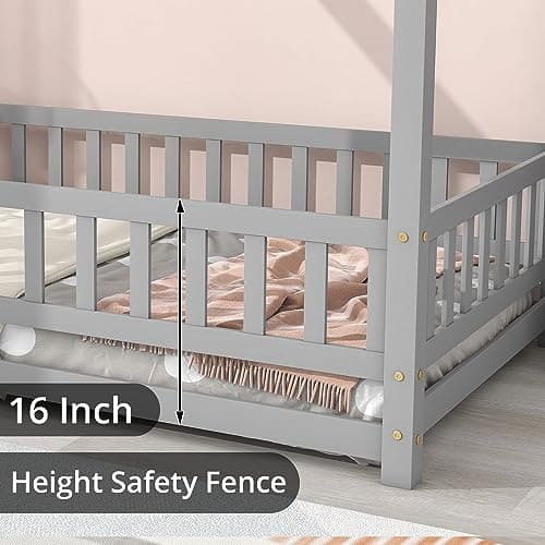 LLS Wooden Twin Bed with Roof & Fence, Gray for Boys & Girls