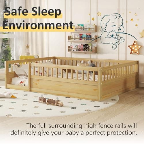 Full Size Montessori Floor Bed with High Fence, Natural Wood for Kids