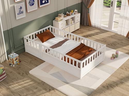 KEIKI Twin Montessori Floor Bed with Fence & Door, White