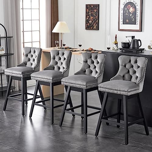 Premium Velvet Upholstered 360 Swivel Bar Stools, Counter Height, Grey, Solid Wood Legs, 30" Seat (Set of 4)